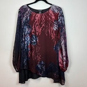 Citron Santa Monica Sheer Sleeve Lined Boho Artsy Blouse Womens 1X Silk Blend